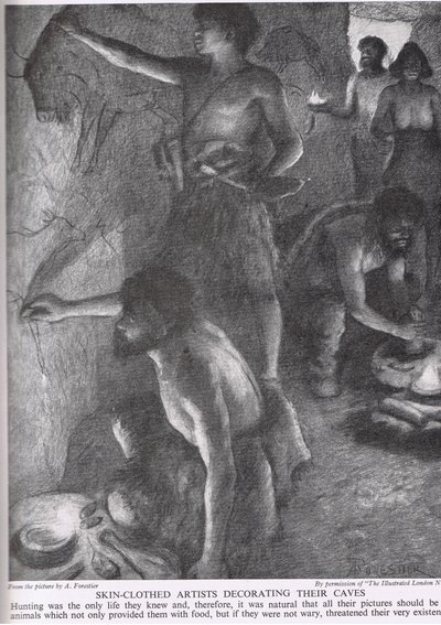 Mit Fell bekleidete Künstler dekorieren ihre Höhlen, Illustration aus 